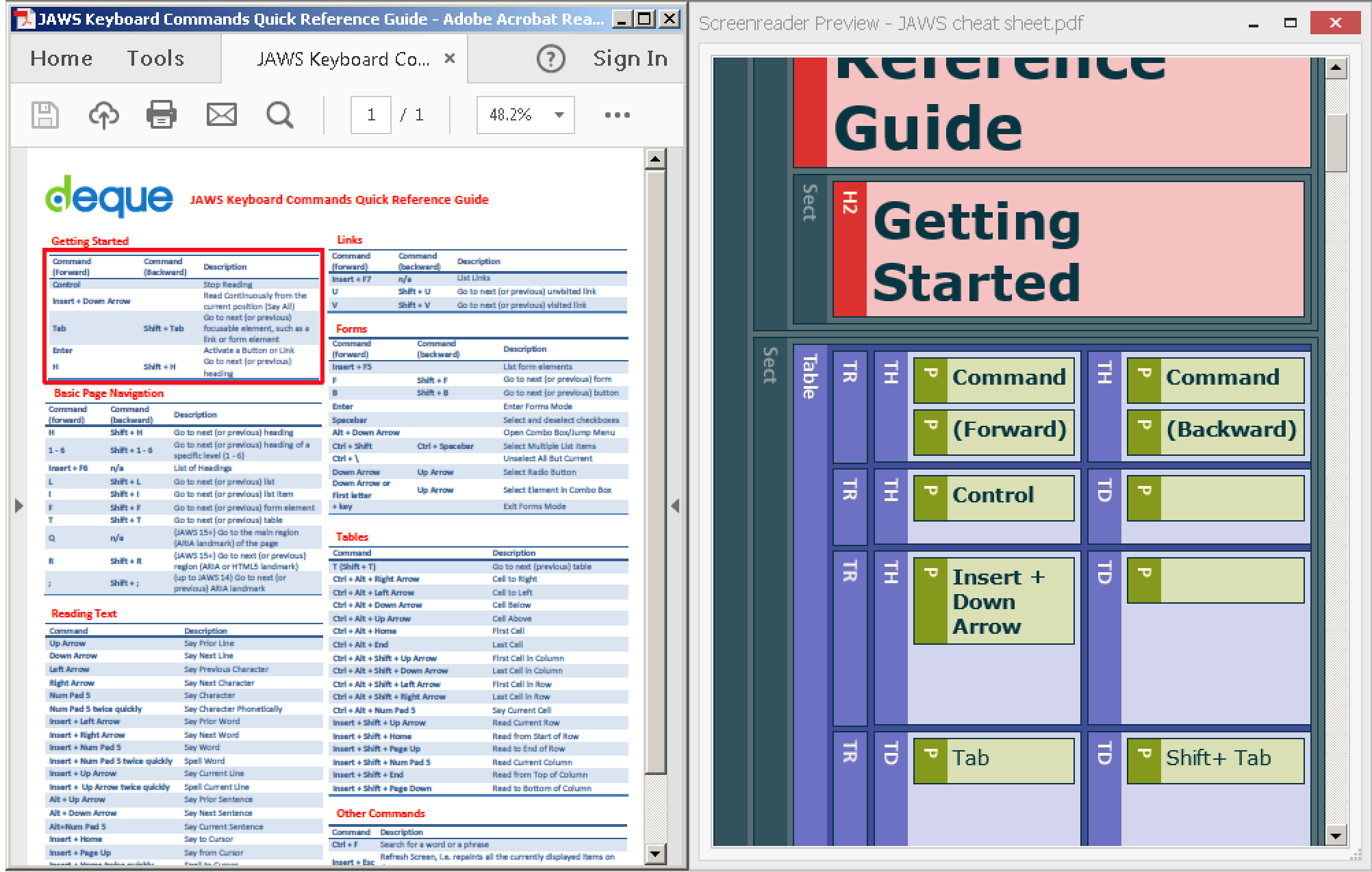 Side by side comparison of original document and screen reader preview